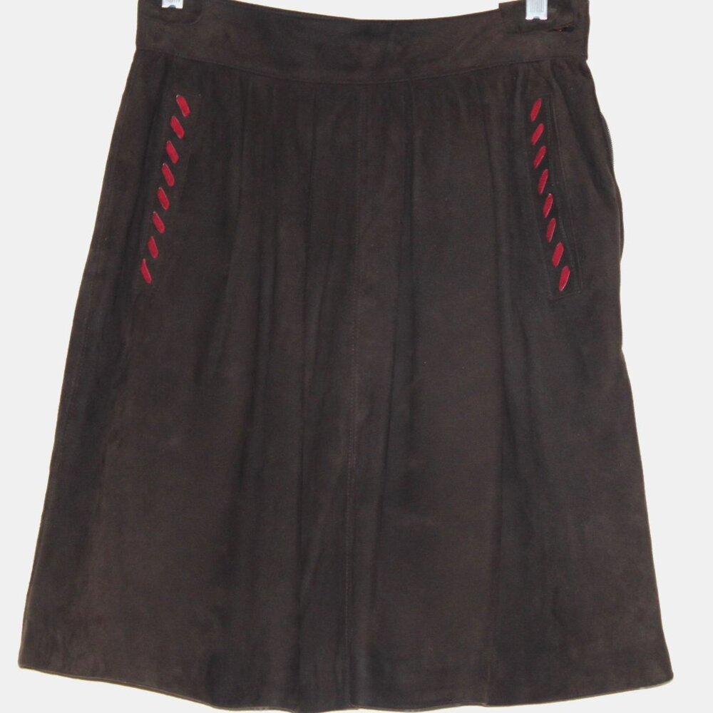 Yves Saint Laurent VTG Skirt Brown Suede Leather Red Whipstitch France Size 38